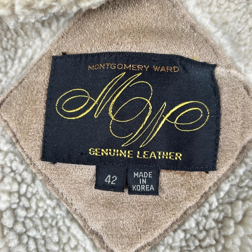Vintage Montgomery Ward Leather Jacket Mens 42 Sherpa Lined Hooded Bomber 80s